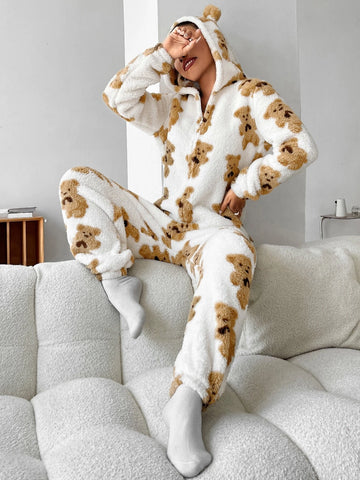 Bear Pattern 3D Ear Design Zipper Hooded Jumpsuit