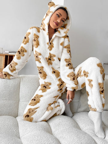 Bear Pattern 3D Ear Design Zipper Hooded Jumpsuit
