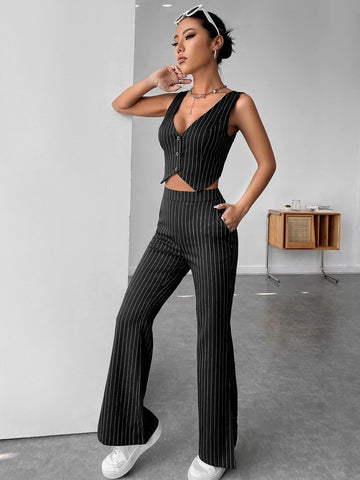 EZwear Striped Print Single Breasted Vest Blazer & Pants