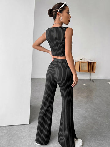 EZwear Striped Print Single Breasted Vest Blazer & Pants