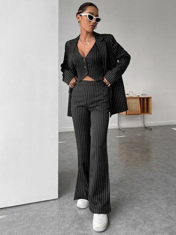 EZwear Striped Print Single Breasted Vest Blazer & Pants