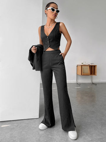 EZwear Striped Print Single Breasted Vest Blazer & Pants
