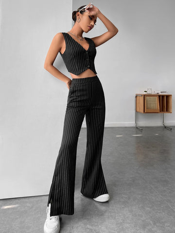 EZwear Striped Print Single Breasted Vest Blazer & Pants