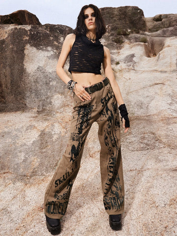 ROMWE Grunge Punk Letter Skeleton Graphic Jeans Without Belt
