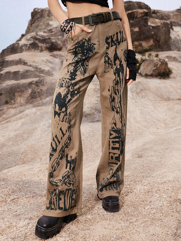 ROMWE Grunge Punk Letter Skeleton Graphic Jeans Without Belt
