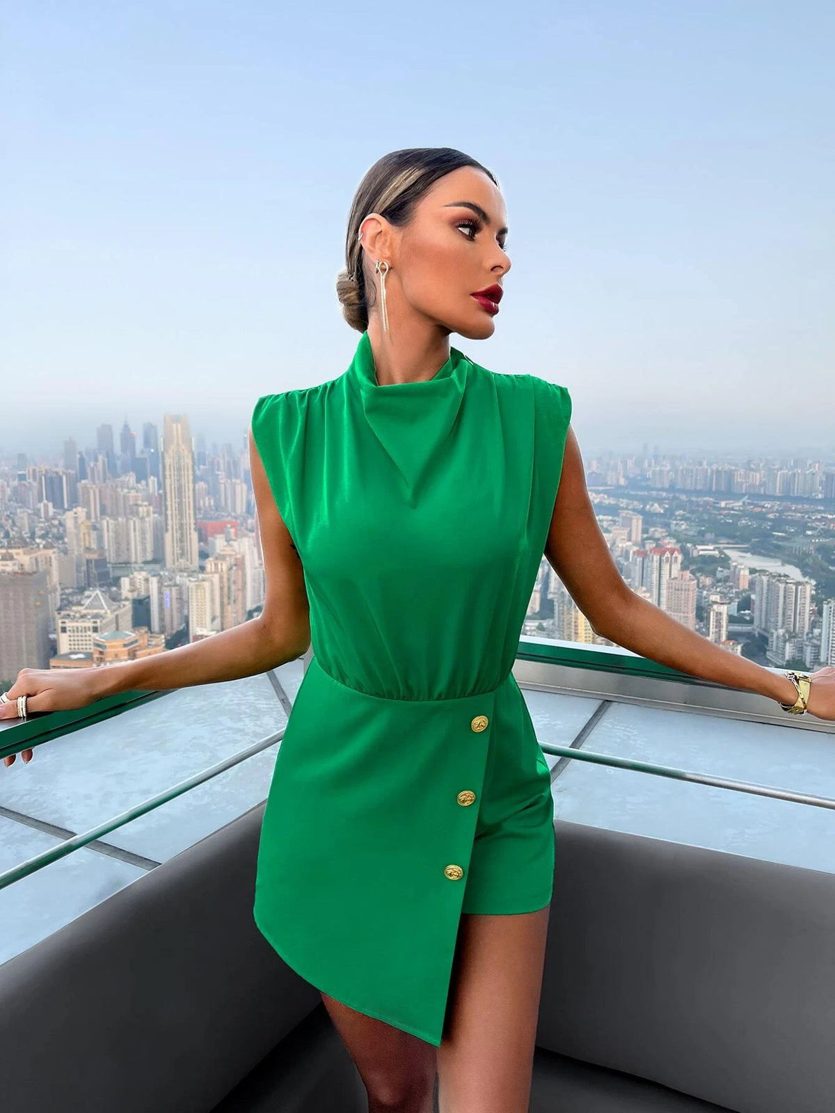 Mock Neck Button Detail Romper
