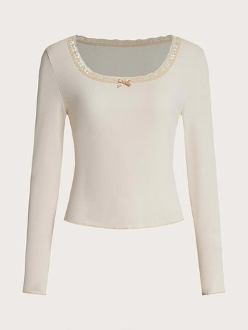 ROMWE Sweetness Contrast Lace Ribbed Tee