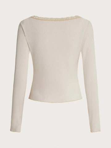 ROMWE Sweetness Contrast Lace Ribbed Tee