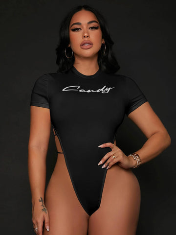 Letter Graphic Cut Out Side Tee Bodysuit