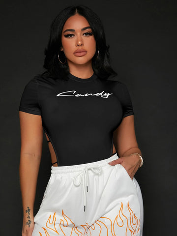 Letter Graphic Cut Out Side Tee Bodysuit