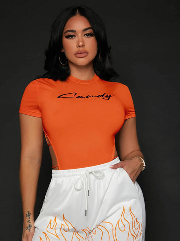 Letter Graphic Cut Out Side Tee Bodysuit