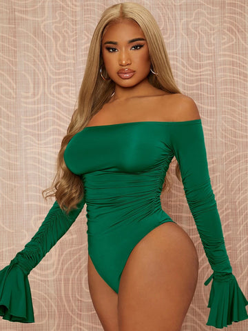 Off Shoulder Flounce Sleeve Ruched Bodysuit