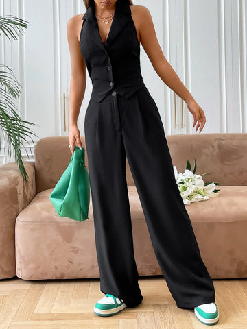 EZwear Button Front Backless Waistcoat & Wide Leg Suit Pants