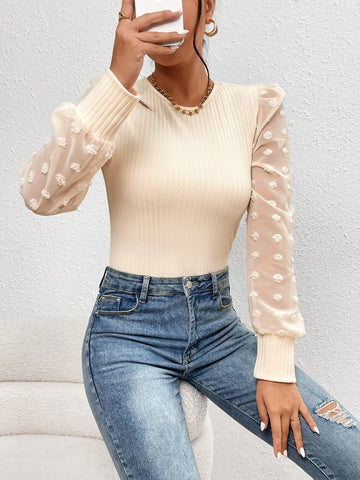 Contrast Swiss Dot Mesh Lantern Sleeve Bodysuit