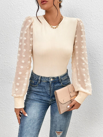 Contrast Swiss Dot Mesh Lantern Sleeve Bodysuit
