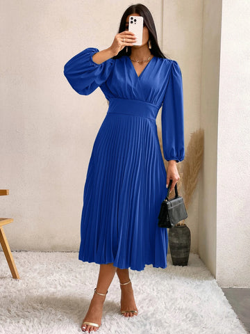 Surplice Neck Lantern Sleeve Pleated Hem Dress