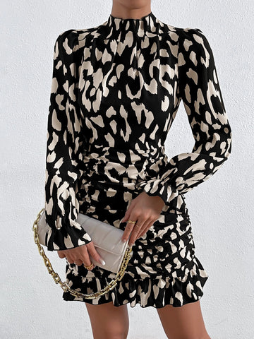Allover Print Mock Neck Ruched Ruffle Hem Dress