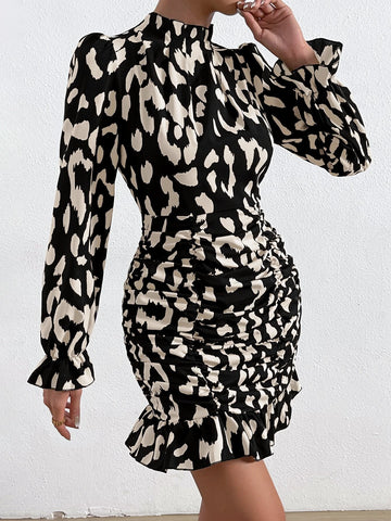 Allover Print Mock Neck Ruched Ruffle Hem Dress