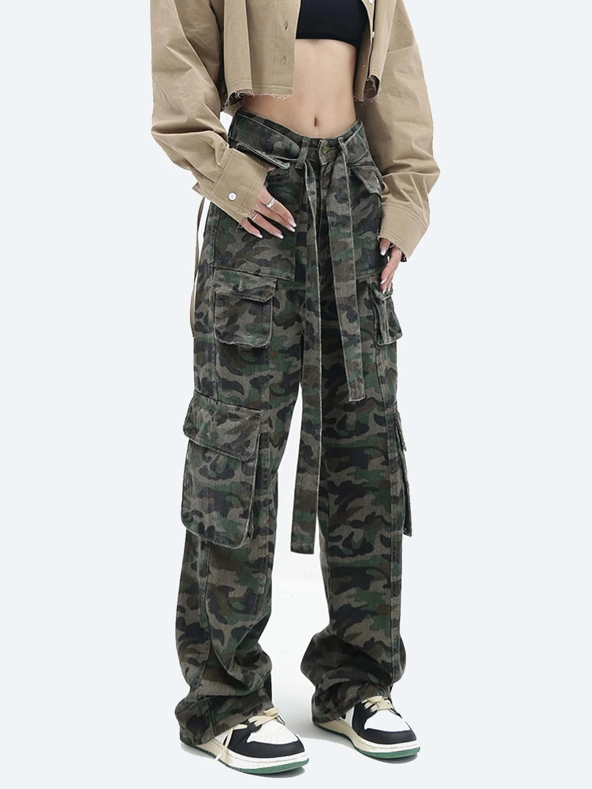 Camo Print Flap Pocket Belted Cargo Jeans