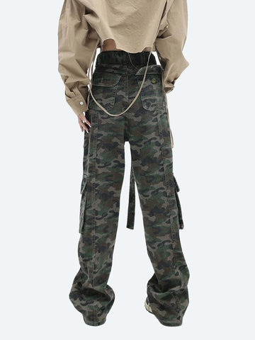 Camo Print Flap Pocket Belted Cargo Jeans