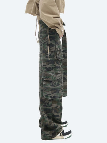 Camo Print Flap Pocket Belted Cargo Jeans