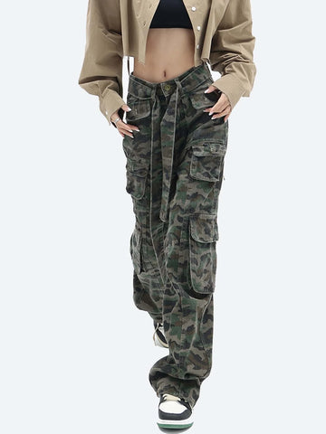 Camo Print Flap Pocket Belted Cargo Jeans