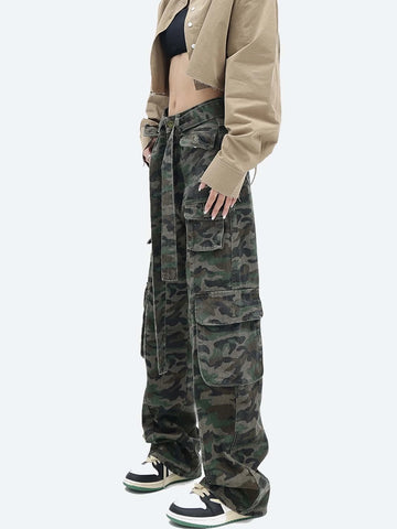 Camo Print Flap Pocket Belted Cargo Jeans