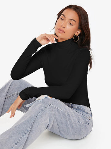 BASICS High Neck Rib-knit Form Fitted Tee
