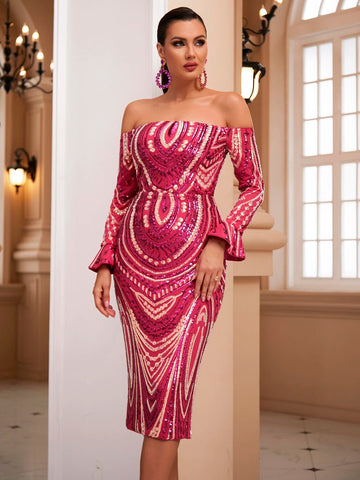 LOVE&LEMONADE Off Shoulder Flounce Sleeve Split Back Sequin Bodycon Dress