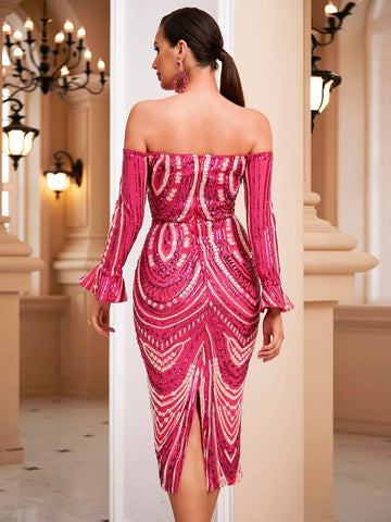 LOVE&LEMONADE Off Shoulder Flounce Sleeve Split Back Sequin Bodycon Dress
