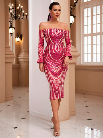 LOVE&LEMONADE Off Shoulder Flounce Sleeve Split Back Sequin Bodycon Dress