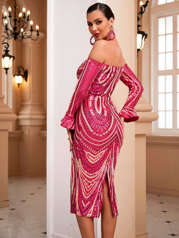 LOVE&LEMONADE Off Shoulder Flounce Sleeve Split Back Sequin Bodycon Dress