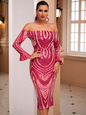 LOVE&LEMONADE Off Shoulder Flounce Sleeve Split Back Sequin Bodycon Dress