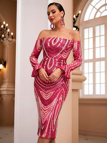 LOVE&LEMONADE Off Shoulder Flounce Sleeve Split Back Sequin Bodycon Dress
