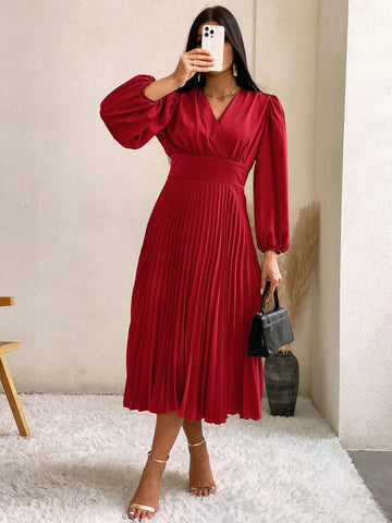 Surplice Neck Lantern Sleeve Pleated Hem Dress