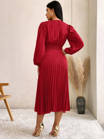 Surplice Neck Lantern Sleeve Pleated Hem Dress