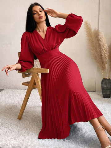 Surplice Neck Lantern Sleeve Pleated Hem Dress