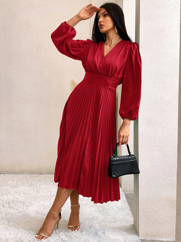 Surplice Neck Lantern Sleeve Pleated Hem Dress