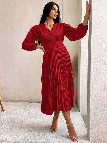 Surplice Neck Lantern Sleeve Pleated Hem Dress