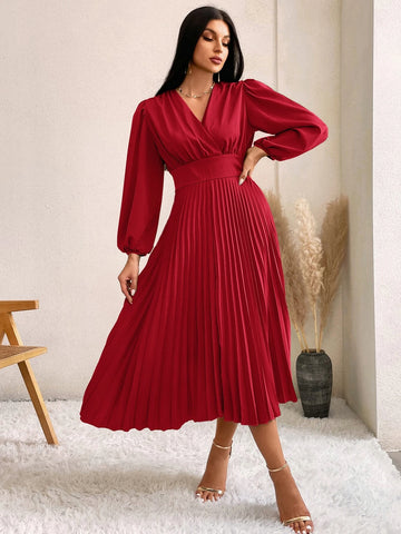 Surplice Neck Lantern Sleeve Pleated Hem Dress