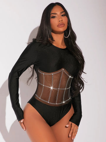 Rhinestone Mesh Panel Glitter Bodysuit