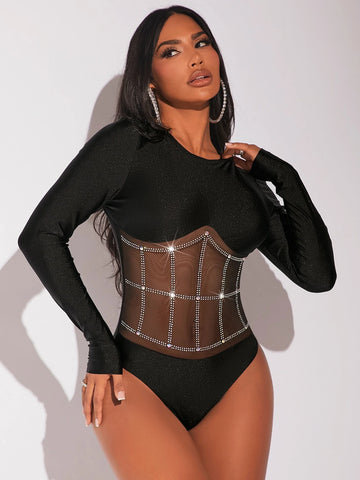 Rhinestone Mesh Panel Glitter Bodysuit