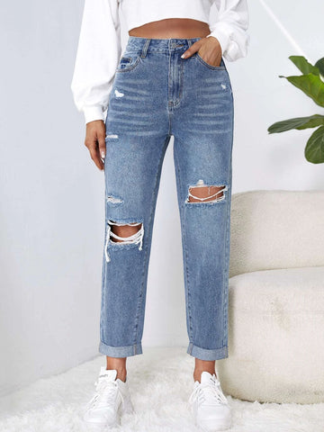 High Waist Ripped Mom Fit Jeans