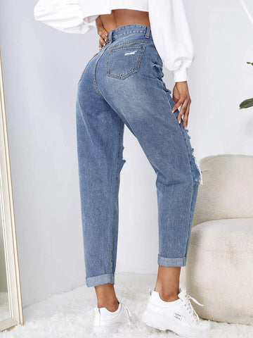 High Waist Ripped Mom Fit Jeans