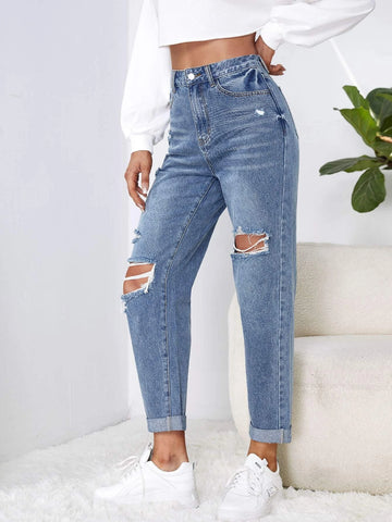 High Waist Ripped Mom Fit Jeans