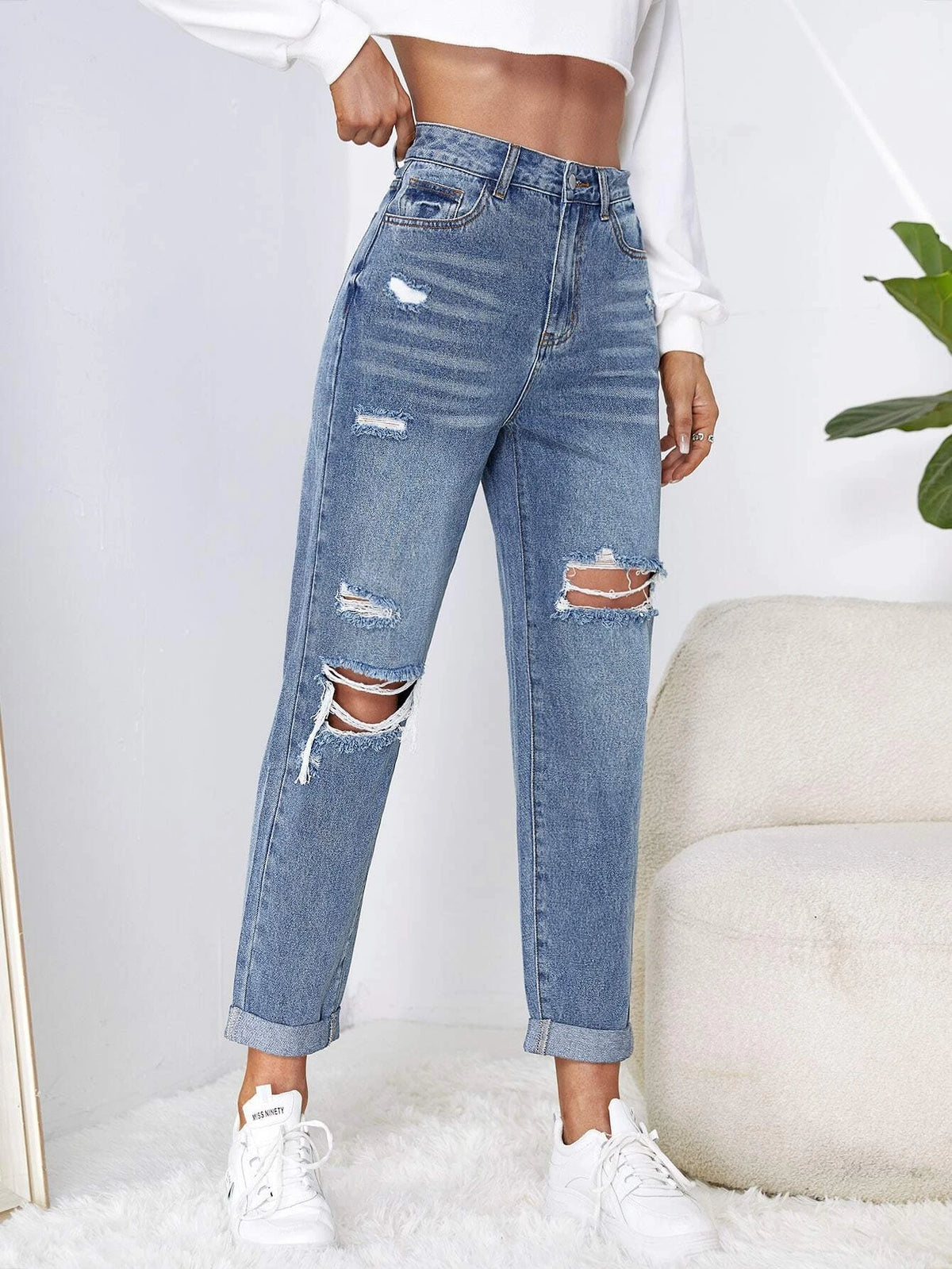 High Waist Ripped Mom Fit Jeans
