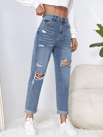 High Waist Ripped Mom Fit Jeans