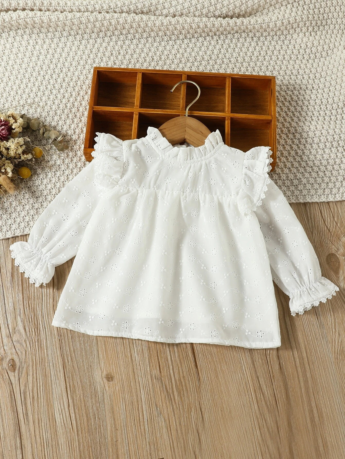 Baby Eyelet Embroidery Frill Neck Ruffle Trim Flounce Sleeve Blouse