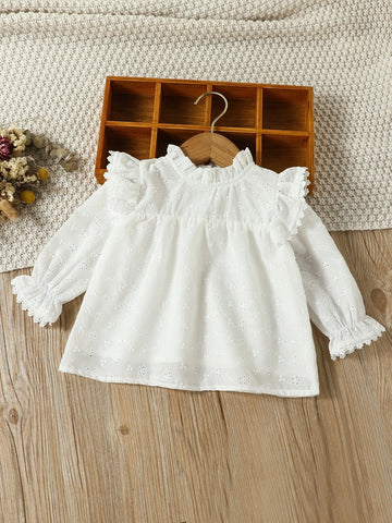 Baby Eyelet Embroidery Frill Neck Ruffle Trim Flounce Sleeve Blouse