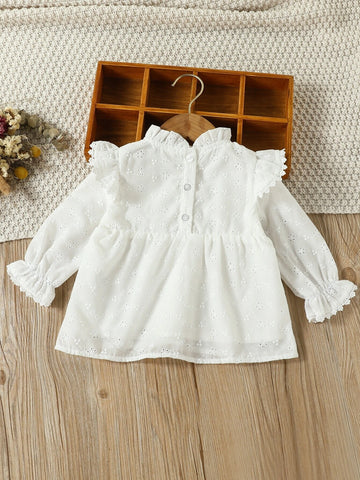 Baby Eyelet Embroidery Frill Neck Ruffle Trim Flounce Sleeve Blouse